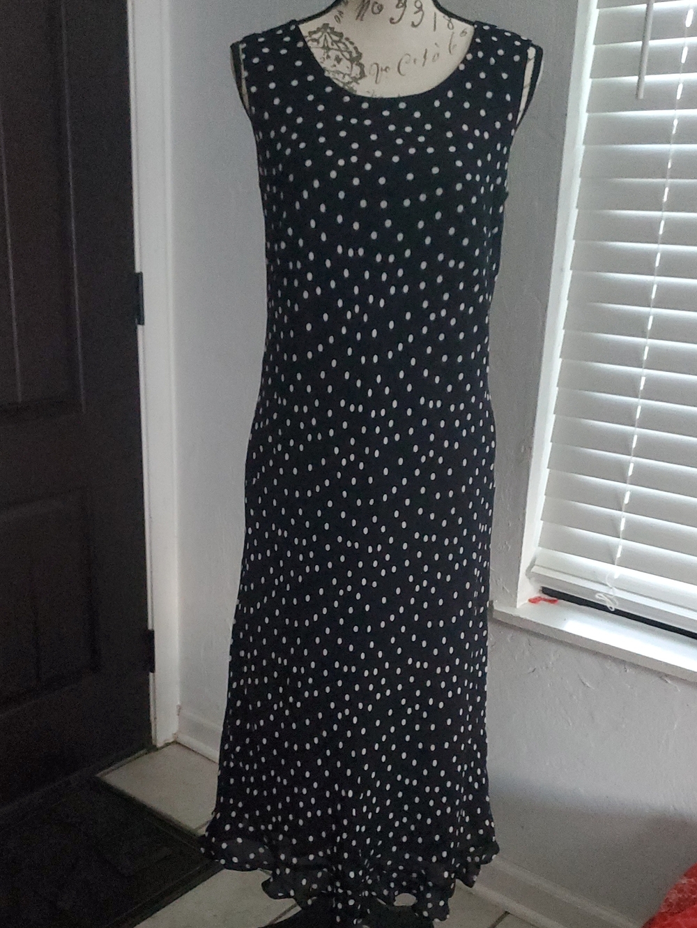 Talbots 100% Silk Black Maxi Dress with White Polka Dots